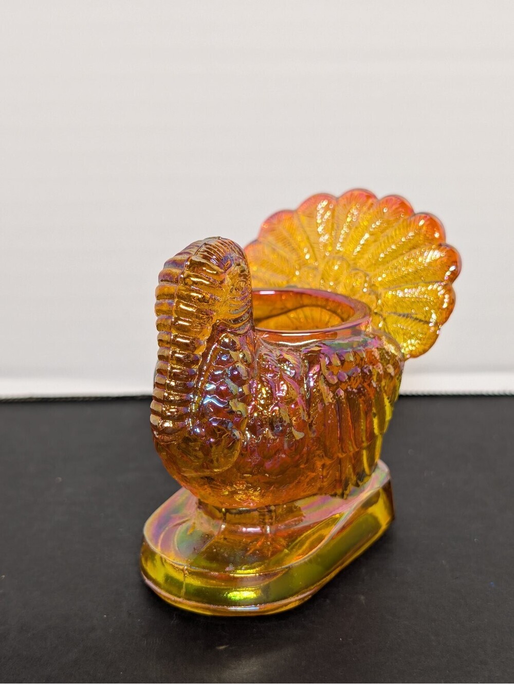 Vintage Iridescent Amber Carnival Glass Turkey Toothpick Holder Thanksgiving